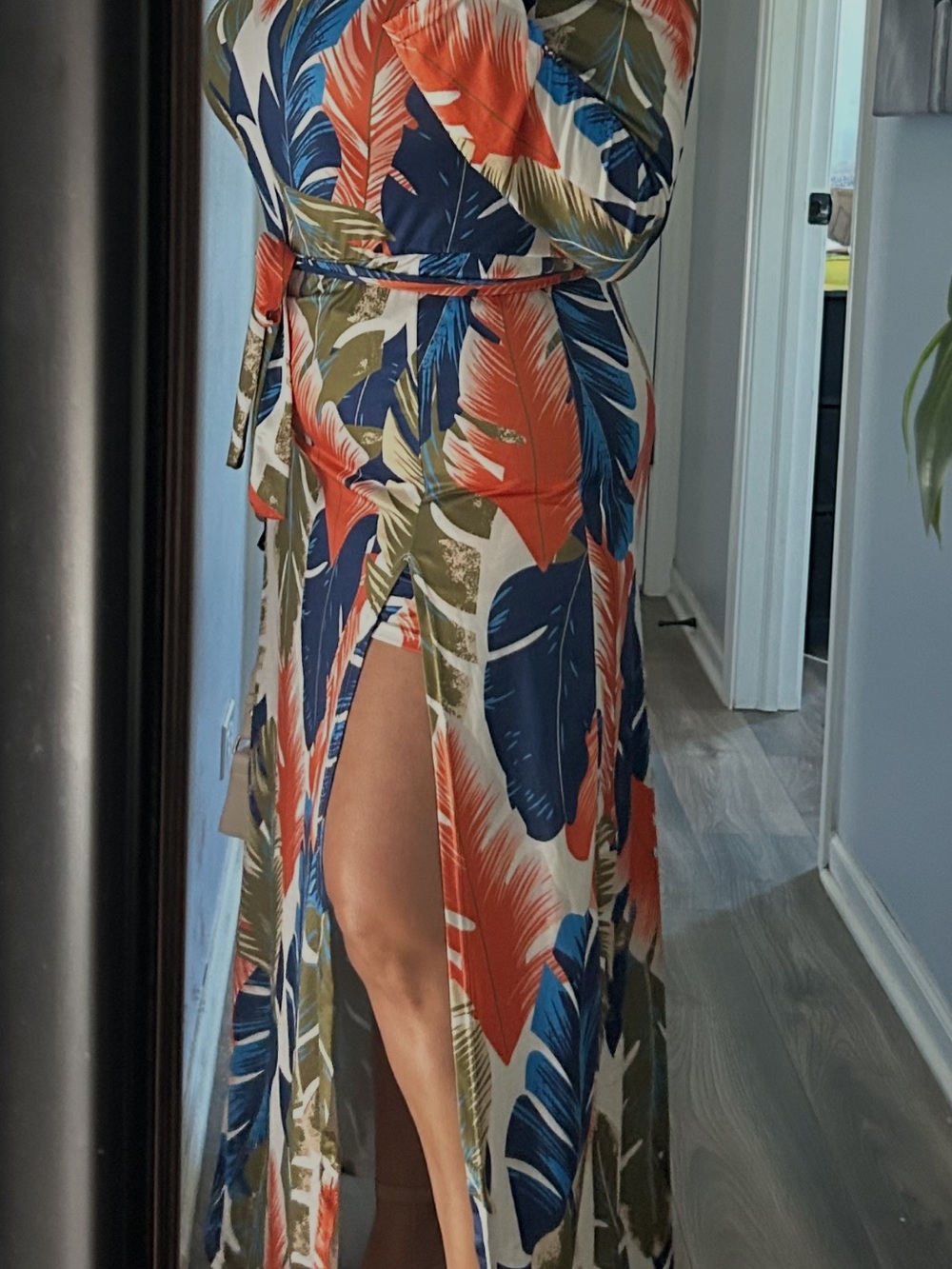 Women’s Tropical Leaf Print Swim Cover-Up Maxi Dress in Coral & Blue